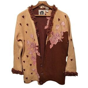 𝅺Storybook Knits Cardigan Sweater - Vibrant Floral Theme - Size Medium Brown Tan